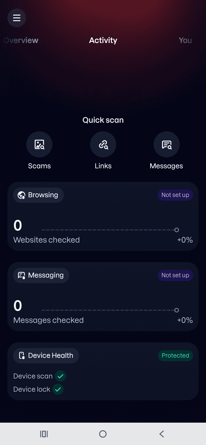 The Activity page, with the Browsing Protection card marked as not set up.