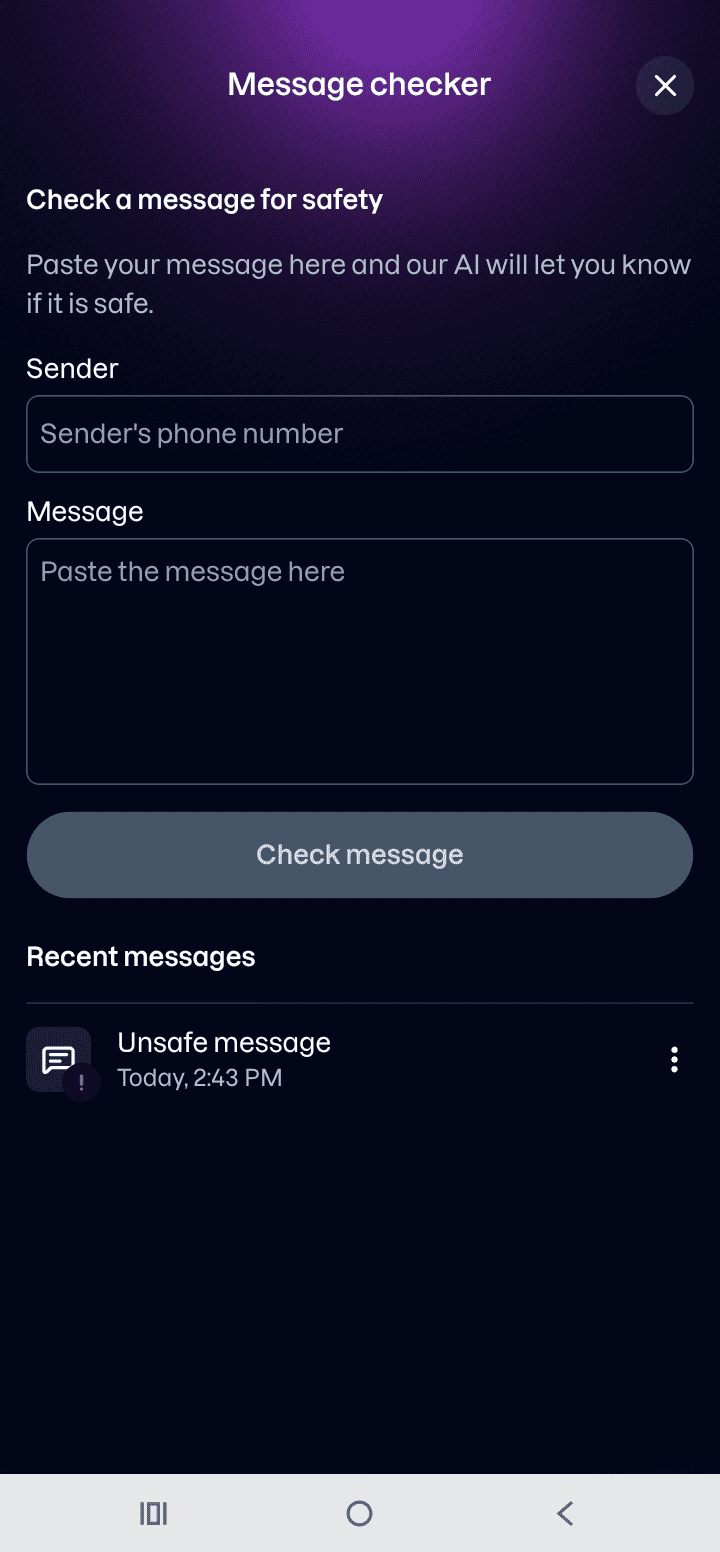 The Message Checker, with the Sender and Message fields above the Check message button, and the Recent messages list below.