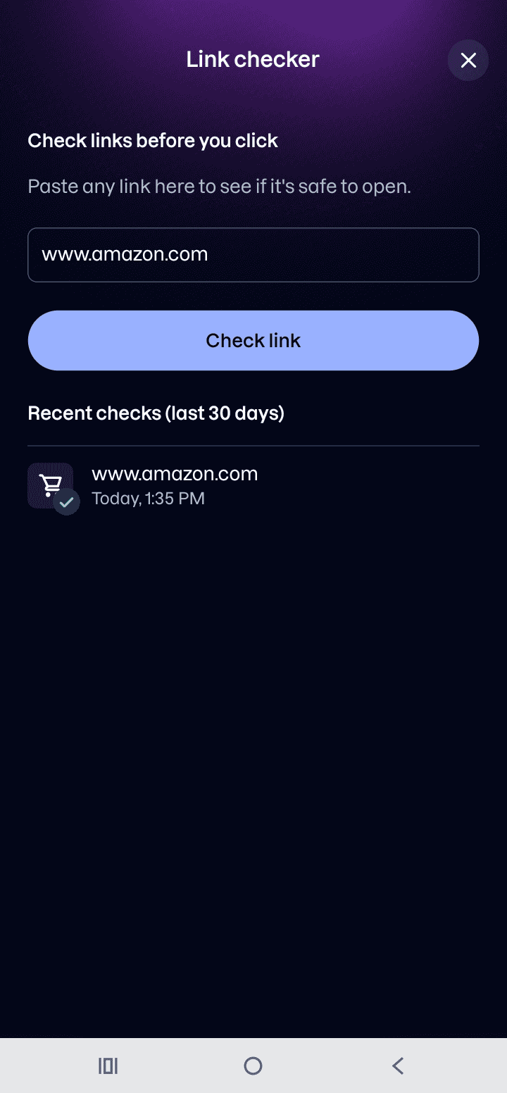 The Link Checker, with a web address entered above the Check link button, and the list of recent checks below it.