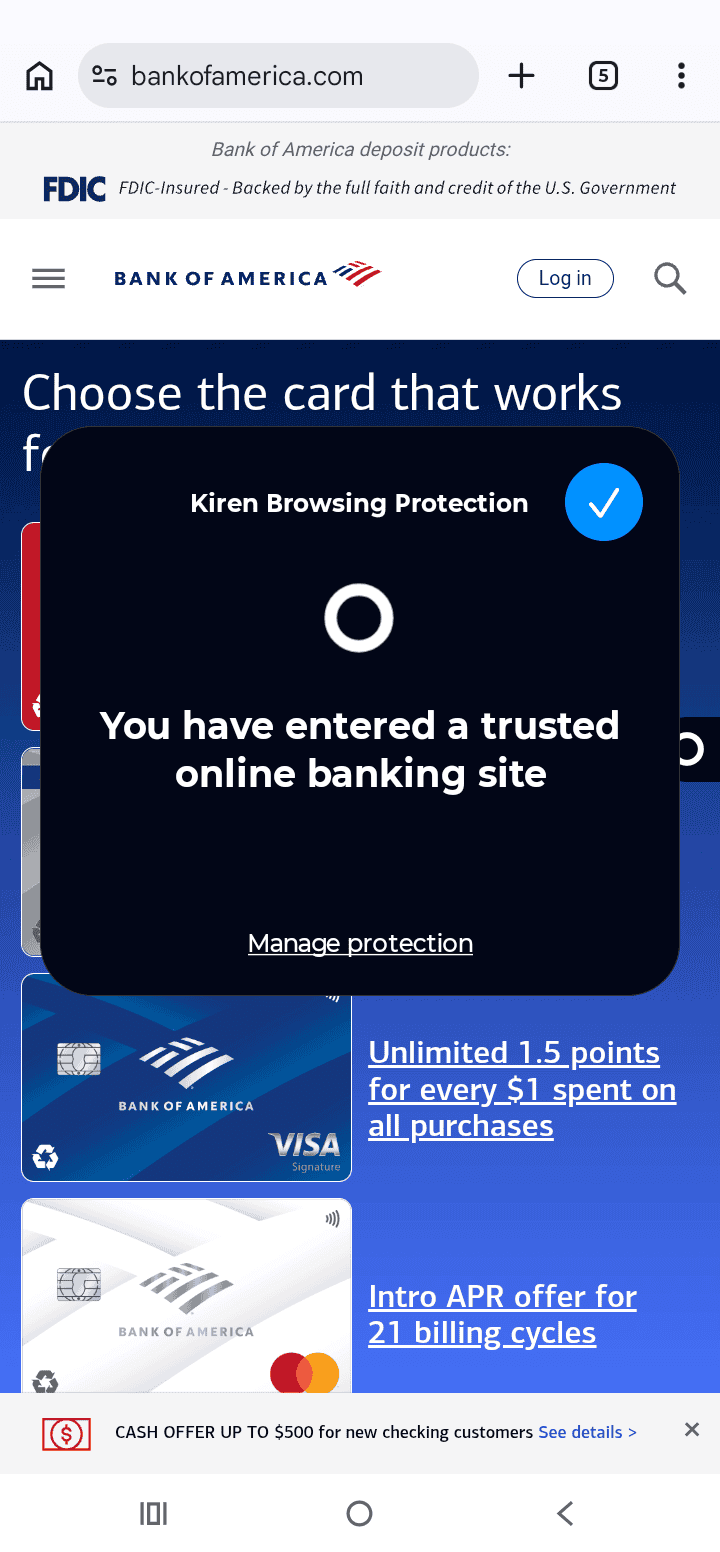 The pop-up after tapping the icon, confirming a trusted online banking site.