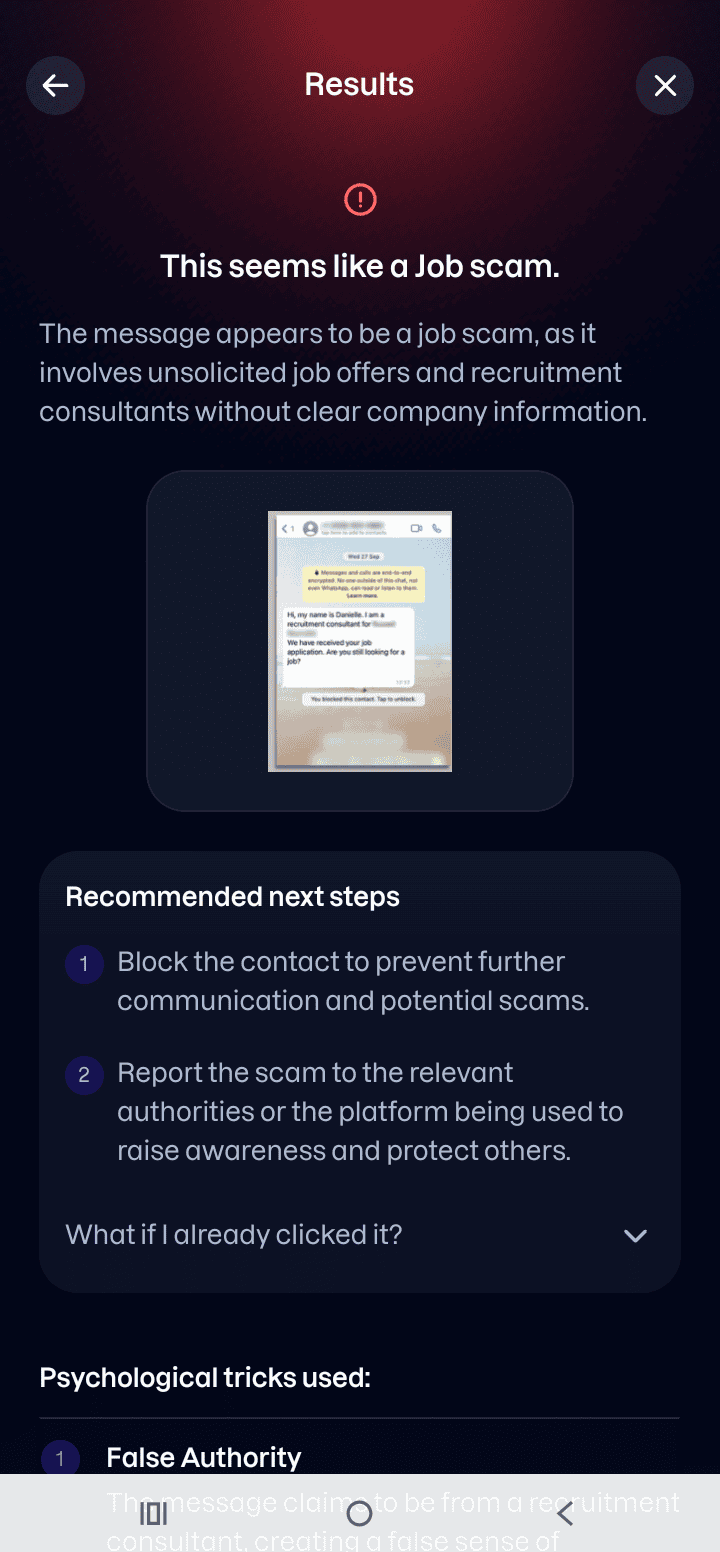 The result: this seems like a job scam, with recommended next steps and the psychological tricks used.