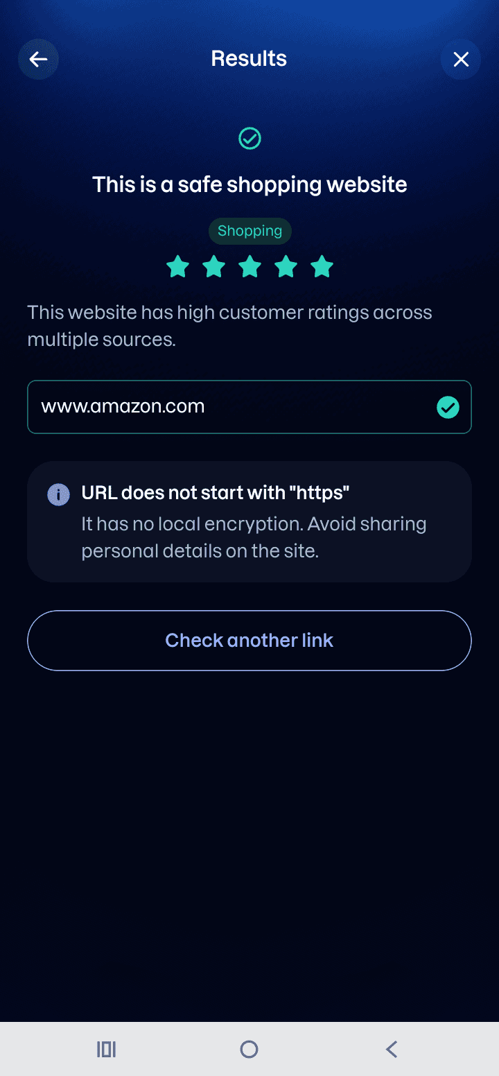 A result for a shopping site: safe, rated five stars, with a note that the address does not start with https.