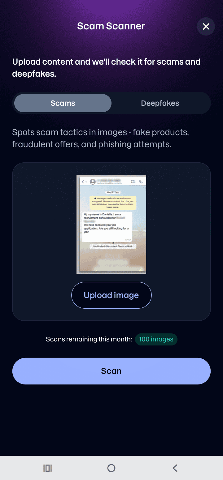 The Scam Scanner in Scams mode, with a WhatsApp screenshot uploaded above the Scan button.