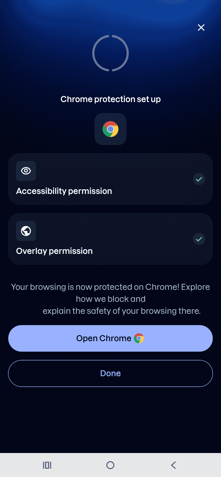 The completed setup screen, with both permissions checked and the Open Chrome and Done buttons.
