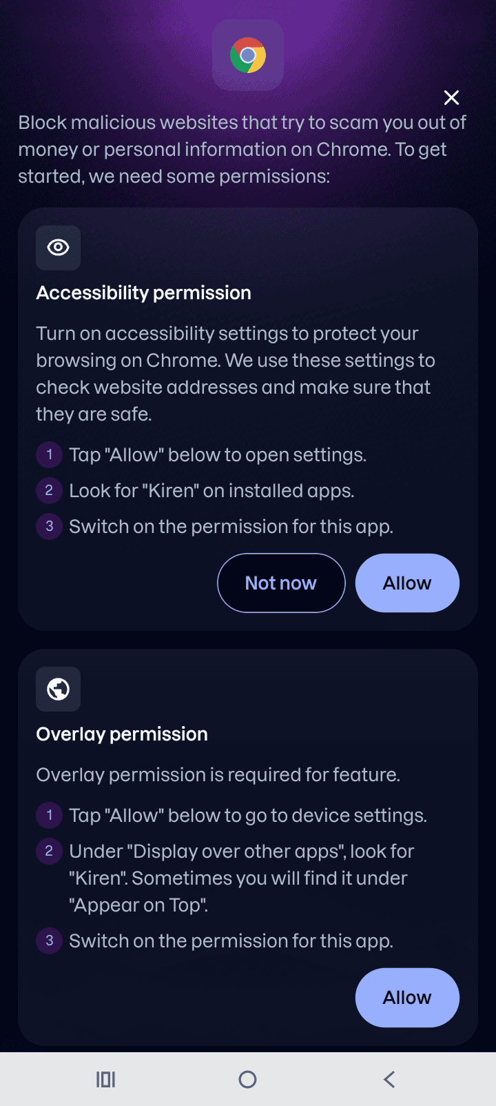 The setup screen, with the Accessibility and Overlay permission cards and their Allow buttons.