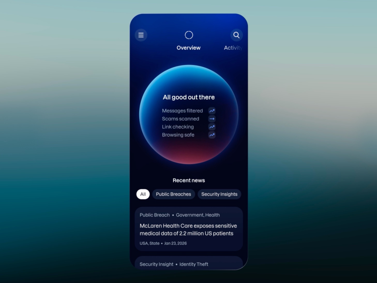 The same Overview screen, with the Recent news feed filtered by category.