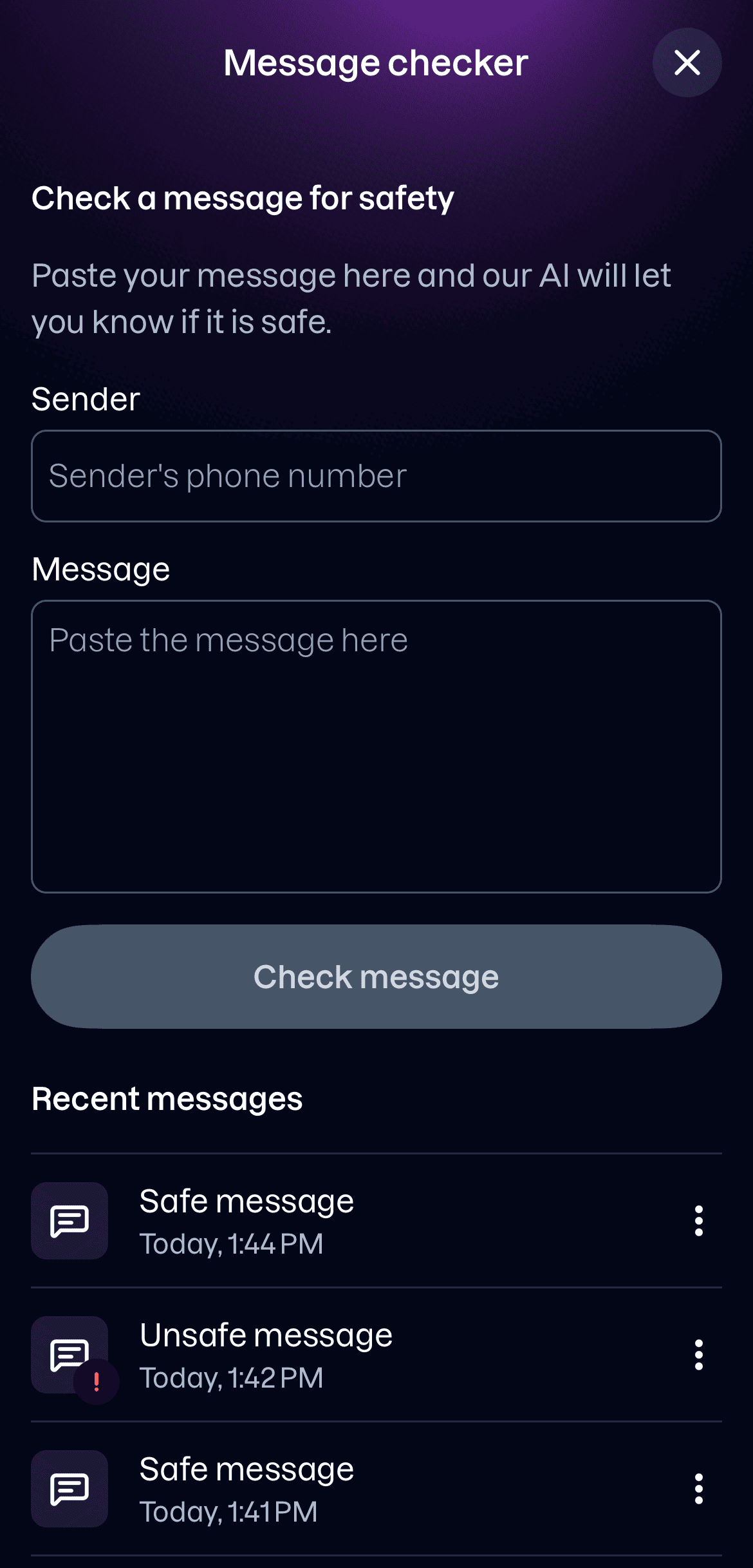 The Message Checker, with the Sender and Message fields above the Check message button, and the Recent messages list below.
