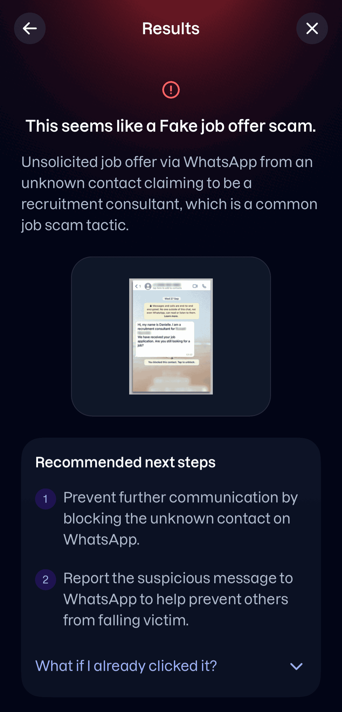 The result: this seems like a fake job offer scam, with recommended next steps.
