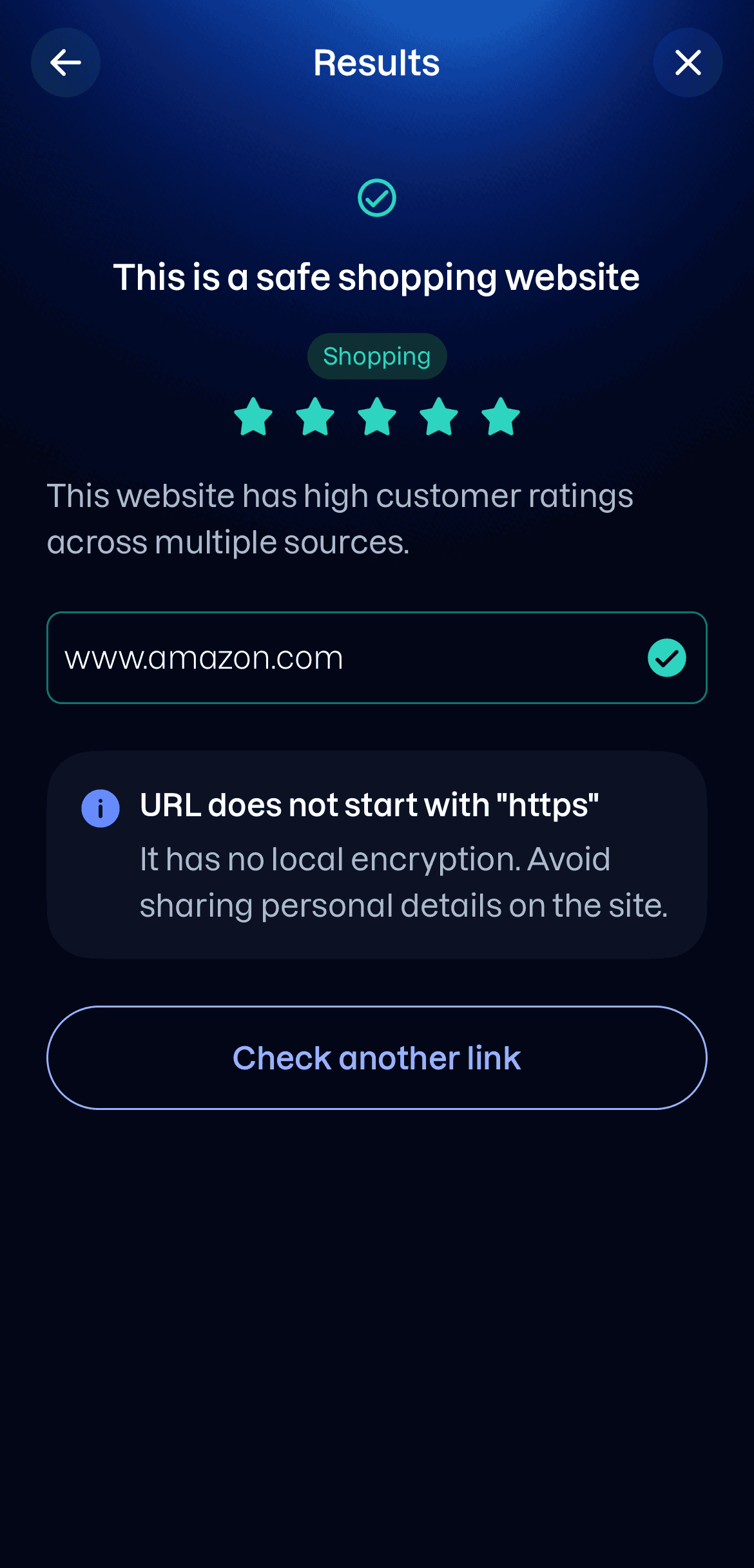 A result for a shopping site: safe, rated five stars, with a note that the address does not start with https.