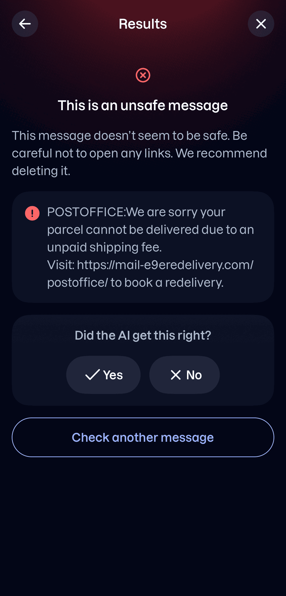A result for a fake parcel delivery text, marked as an unsafe message, with Yes and No buttons under "Did the AI get this right?".