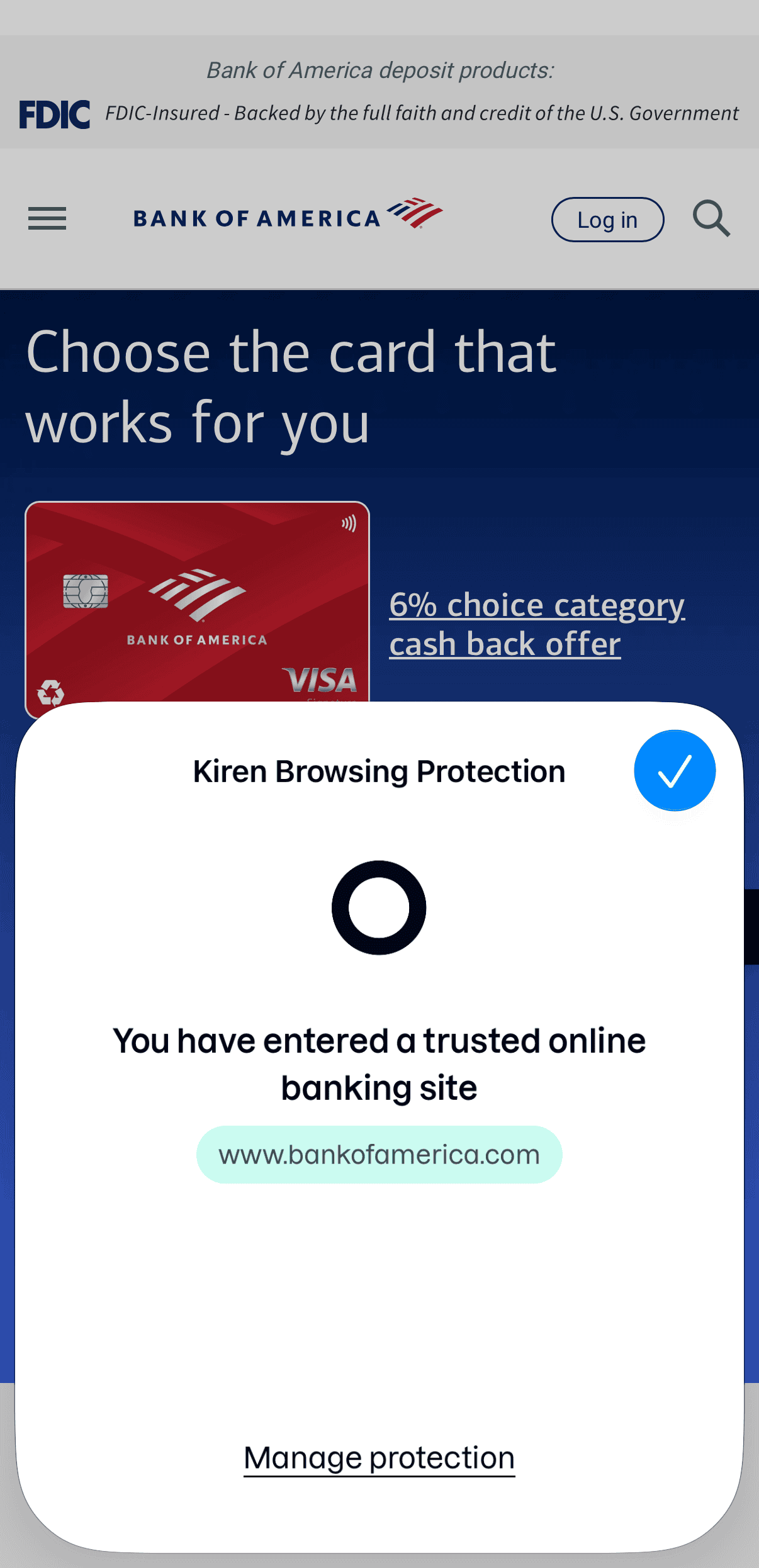 Safari on a banking site, with the Kiren pop-up confirming a trusted online banking site.
