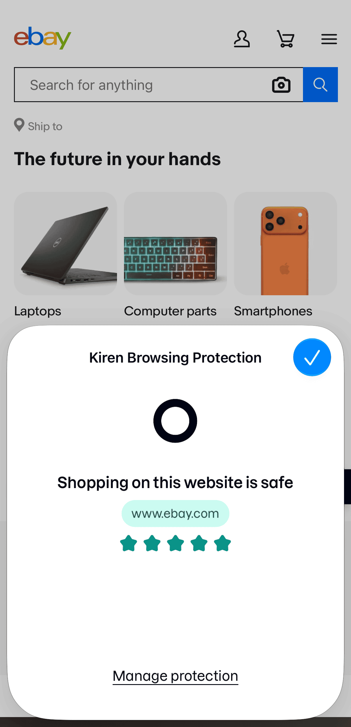 Safari on a shopping site, with the Kiren pop-up showing the site is safe and its five-star rating.