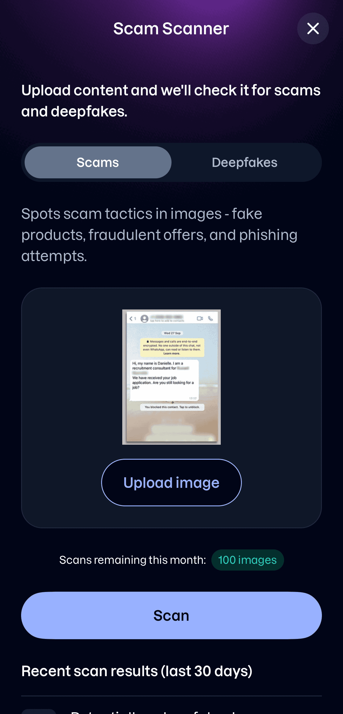 The Scam Scanner in Scams mode, with a WhatsApp screenshot uploaded above the Scan button.