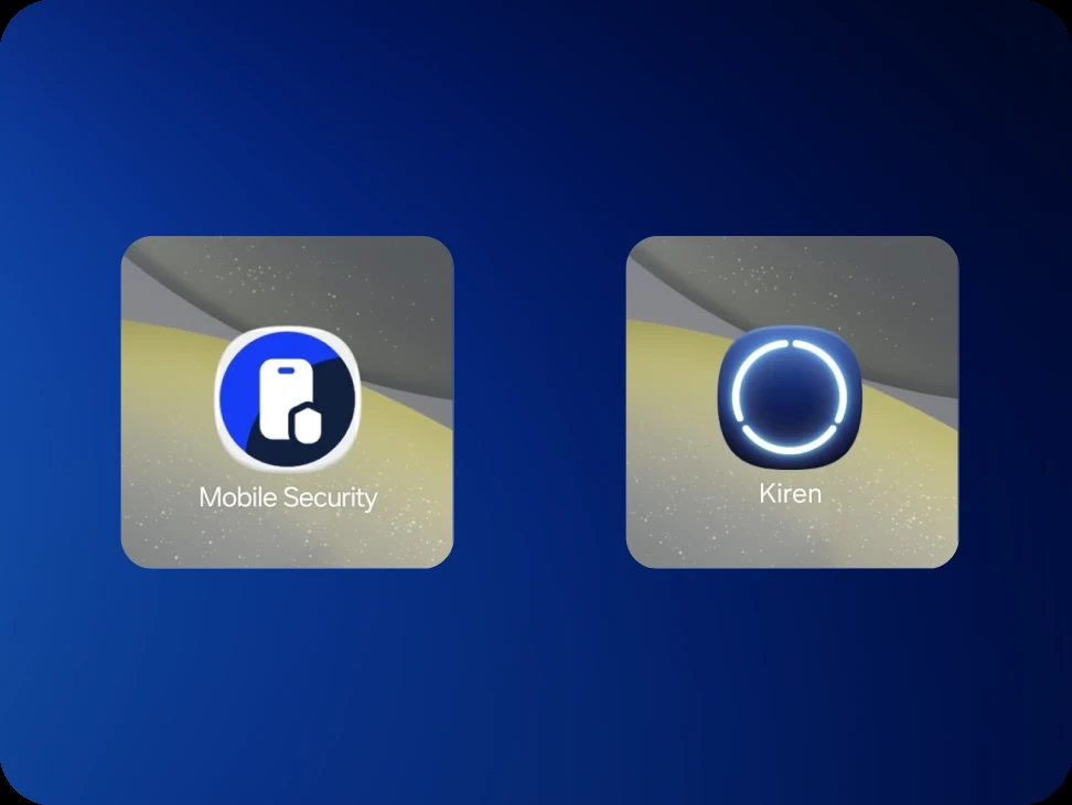 The app on the home screen before and after the test build is installed, named Mobile Security and then Kiren.