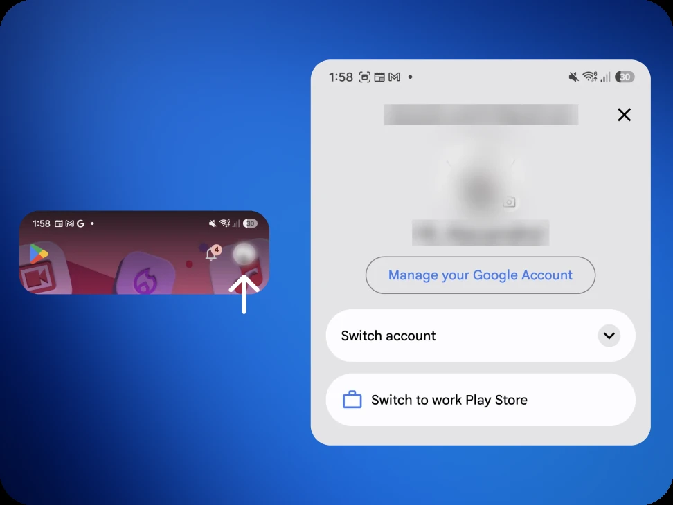 The Play Store profile icon, and the account panel it opens showing the signed-in Google account.