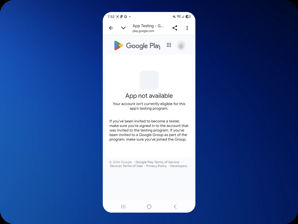 The App not available page shown when the signed-in account is not on the tester list.