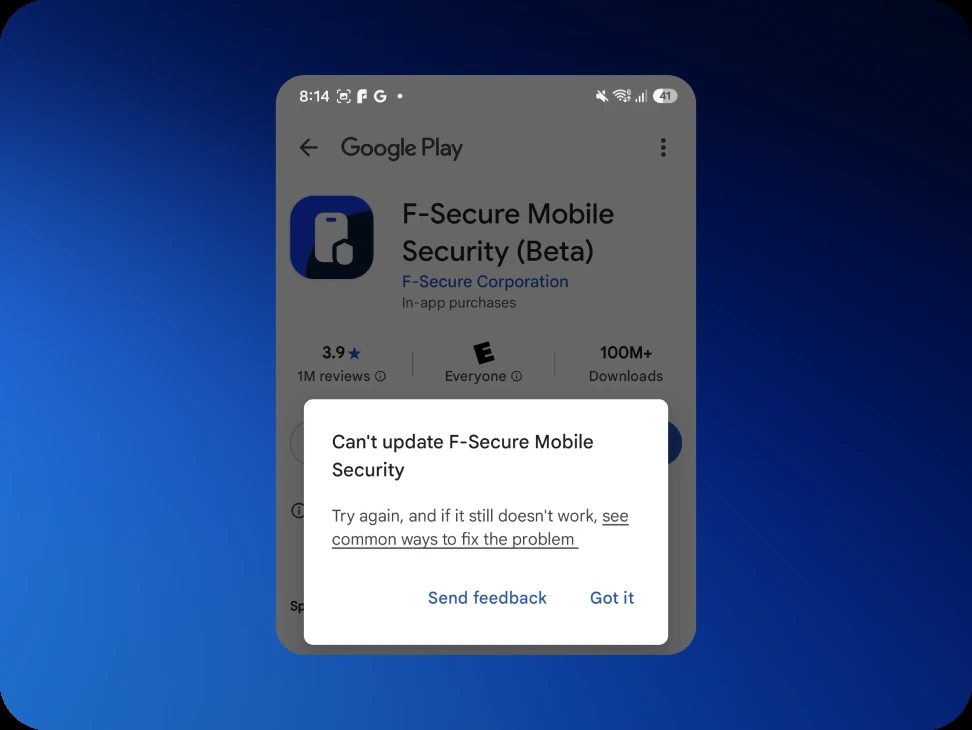 The Can't update dialog shown by the Play Store.