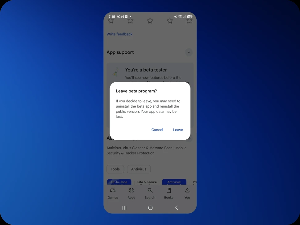 The Leave beta program confirmation dialog.