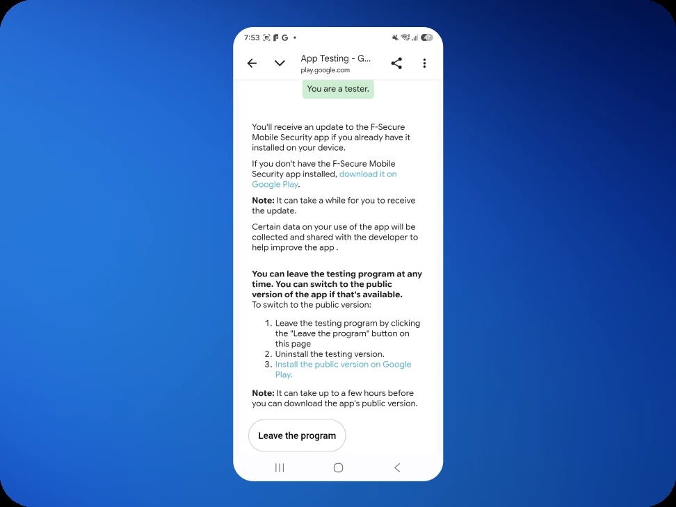The Google Play testing page, showing the Leave the program button.