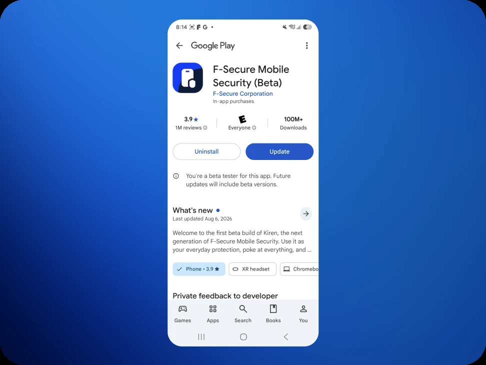 The store listing once access has arrived, with the Update button and the beta tester note.