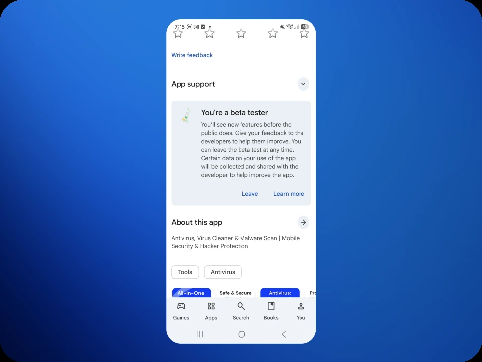 The You're a beta tester panel on the store listing, with the Leave option.