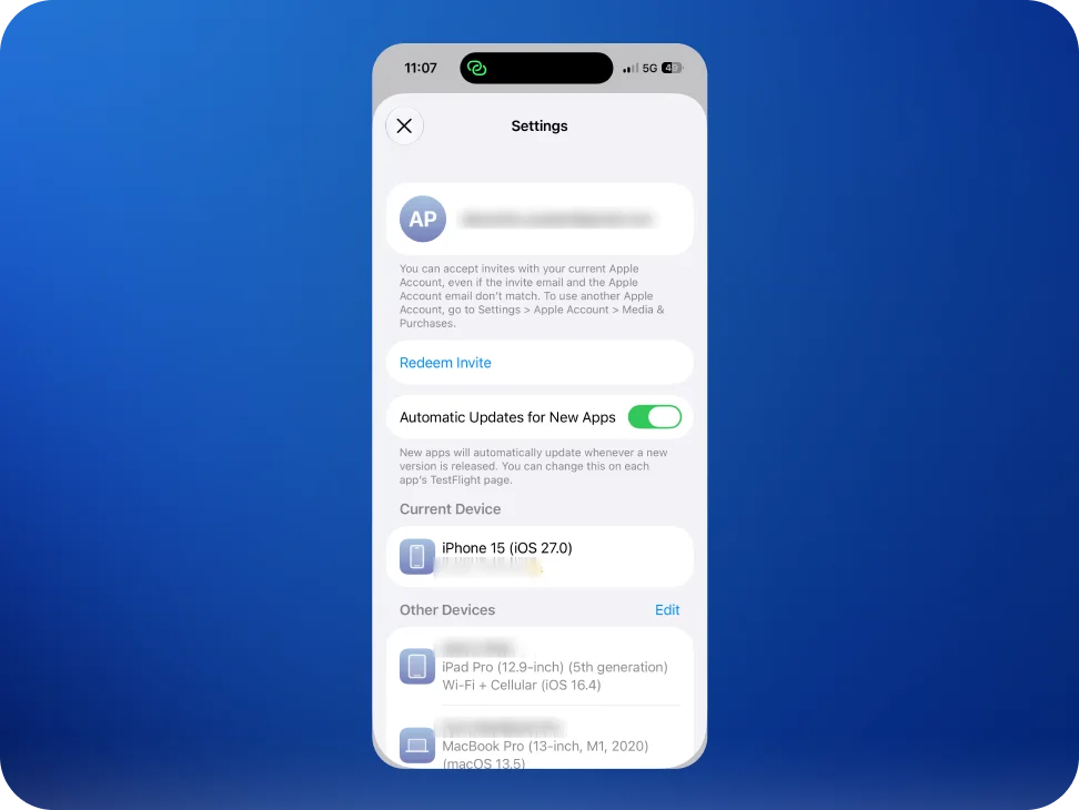 TestFlight settings, showing Redeem Invite.